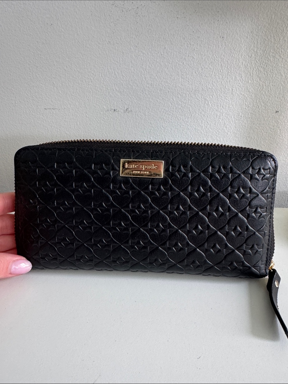 Kate Spade ♠️ Black Quilted Heart-Embossed Zip-Around Wallet with Gold Plaque